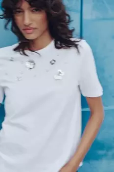 Футболка с цветочным узором ZARA, белый