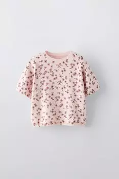 Футболка с цветочным узором ZARA, розовый