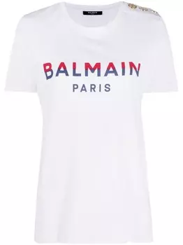 Футболка с декоративными пуговицами и логотипом Balmain, белый