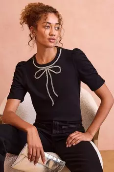 Футболка с декорированными рукавами и сборками Love & Roses, черный