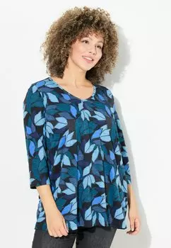 Футболка с длинным рукавом 3/4 SLEEVE V-NECK LEAF Ulla Popken, сине-зеленый