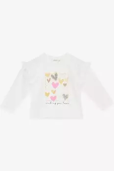 Футболка с длинным рукавом для девочек с блестящим принтом в форме сердца и рюшами цвета экрю (возраст 1–4 лет) Breeze