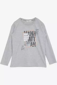 Футболка с длинным рукавом для мальчиков с рисунком и текстовым принтом, светло-серый меланжевый (6–12 лет) Breeze