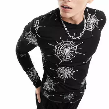 Футболка с длинным рукавом и блестящим принтом «Паутина» Asos Design Halloween Muscle, черный
