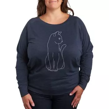 Футболка с длинным рукавом и контуром белого кота oversize из френч терри Licensed Character, индиго