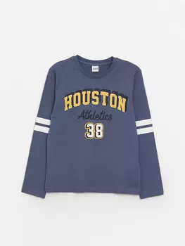 Футболка с длинным рукавом и круглым вырезом для мальчиков с принтом LCW Kids, индиго