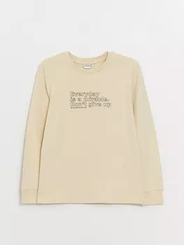 Футболка с длинным рукавом и круглым вырезом для мальчиков с принтом LCW Kids, светло-бежевый