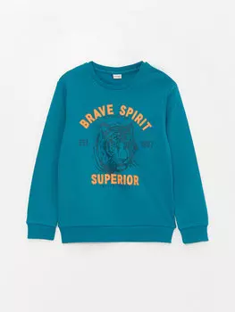 Футболка с длинным рукавом и круглым вырезом для мальчиков с принтом LCW Kids, темный аквазеленый