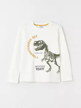 Футболка с длинным рукавом и круглым вырезом для мальчиков с принтом LCW Kids, экрю