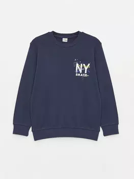 Футболка с длинным рукавом и круглым вырезом для мальчиков с принтом LCW Kids, темно-синий
