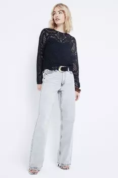 Футболка с длинным рукавом и кружевным узором River Island, черный