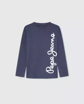 Футболка с длинным рукавом и логотипом сбоку для мальчиков Pepe Jeans, темно-синий