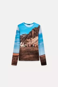 Футболка с длинным рукавом и принтом ZARA, разноцветный