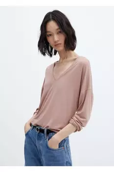 Футболка с длинным рукавом и V-образным вырезом Mango, розовый