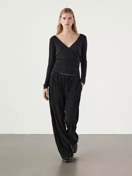 Футболка с длинным рукавом и V-образным вырезом Massimo Dutti, черный