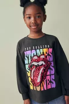 Футболка с длинным рукавом из 100% хлопка с принтом радуги и пайетками Rolling Stones (3 16 лет) Next, серый