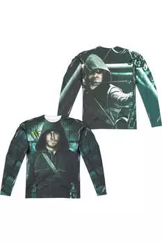 Футболка с длинным рукавом из полиэстера для взрослых с принтом «Стрелка с двух сторон» (спереди и сзади) Gildan, белый