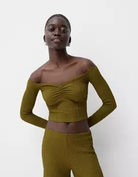 Футболка с длинным рукавом из вафельной вязки Bershka, зеленый