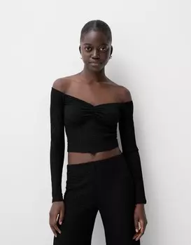 Футболка с длинным рукавом из вафельной вязки Bershka, черный