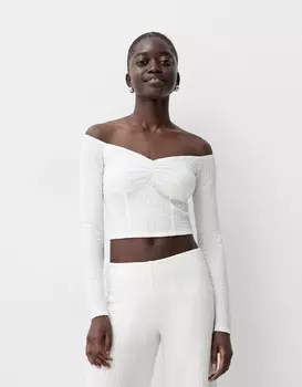 Футболка с длинным рукавом из вафельной вязки Bershka, белый