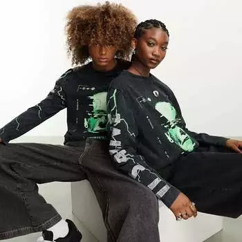 Футболка с длинным рукавом с принтом Унисекс Collusion License Frankenstein, темно-серый