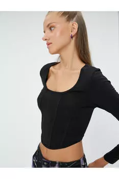 Футболка с длинным рукавом Slim Fit с U-образным вырезом в виде корсета Koton, черный