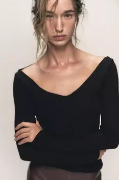 Футболка с длинным рукавом в ребребне ZARA, черный