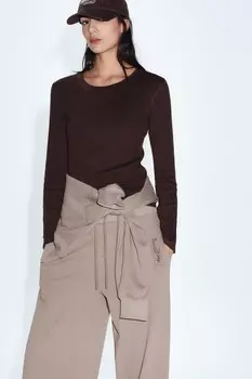 Футболка с длинным рукавом в ребребне ZARA, коричневый