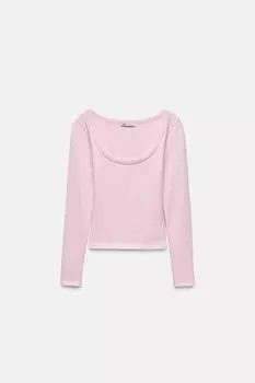 Футболка с длинным рукавом в ребребне ZARA, пастельно-розовый