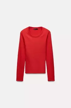 Футболка с длинным рукавом в ребребне ZARA, красный