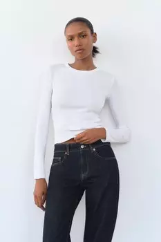 Футболка с длинным рукавом в рубчик и эффектом потертости ZARA, белый