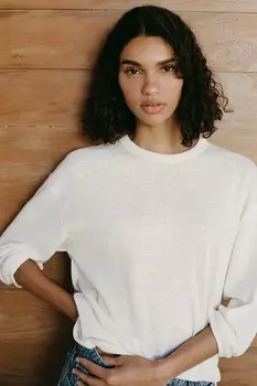Футболка с длинным рукавом в рустическом стиле ZARA, устрично-белый