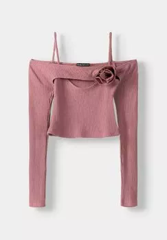 Футболка с длинным рукавом With Floral Detail And Seams Bershka, светло-розовая