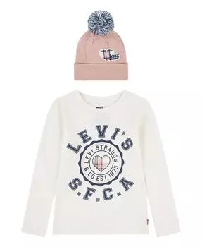 Футболка с длинными рукавами для больших девочек и шапка с помпонами, комплект из 2 предметов Levi's, мультиколор