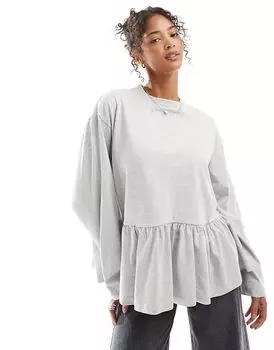 Футболка с длинными рукавами и баской серого меланжевого цвета ASOS DESIGN