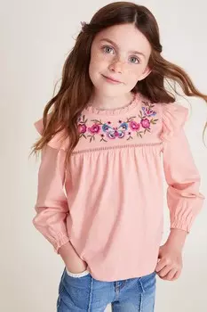 Футболка с длинными рукавами и цветочной вышивкой из 100% хлопка Monsoon, розовый