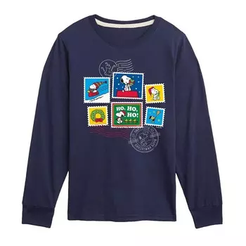 Футболка с длинными рукавами и графическим рисунком Peanuts Holiday Stamps для мальчиков 8–20 лет Licensed Character, темно-синий