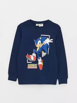 Футболка с длинными рукавами и круглым вырезом для мальчиков с принтом «Соник» LCW Kids, темно-синий