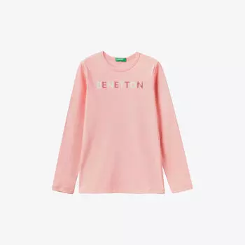 Футболка с длинными рукавами и логотипом из органического хлопка 6–14 лет Benetton, розовый
