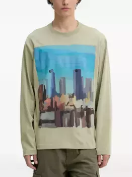Футболка с длинными рукавами и принтом городского пейзажа HUGO, зеленый
