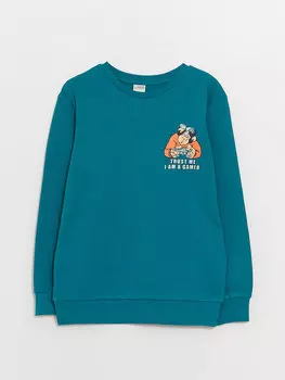 Футболка с длинными рукавами и принтом ностальгических обезьян с круглым вырезом для мальчиков LCW Kids, темный аквазеленый