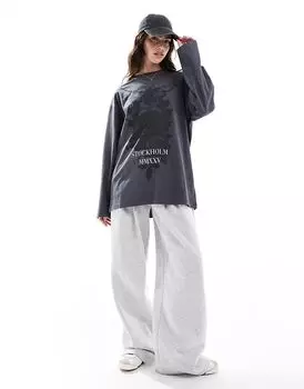Футболка с длинными рукавами и рисунком черепа серого цвета ASOS DESIGN