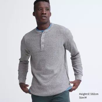 Футболка с длинными рукавами и вафельным воротником Henley Uniqlo, серый