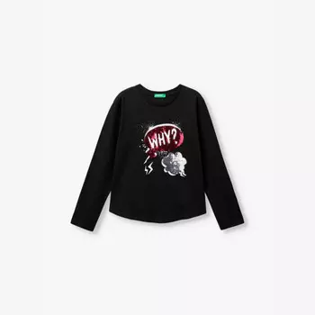 Футболка с длинными рукавами из органического хлопка, украшенная пайетками, 6-14 лет Benetton, черный