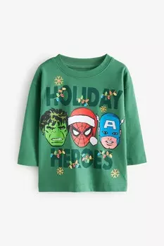 Футболка с длинными рукавами Marvel Christmas из 100% хлопка (3 мес 8 лет) Next, зеленый