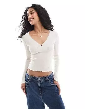 Футболка с длинными рукавами в рубчик и рисунком розы цвета экрю Pull&Bear