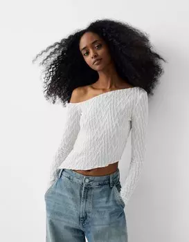 Футболка с длинными рукавами, вафельной текстурой и асимметричным подолом Bershka, белый