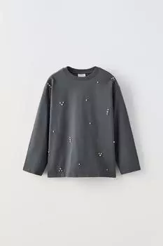Футболка с драгоценной аппликой ZARA, антрацитовый серый