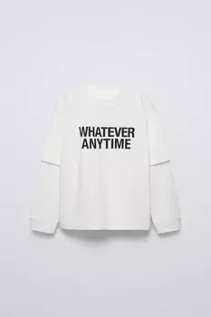 Футболка с двухслойным рукавом и лозунгом ZARA, экрю