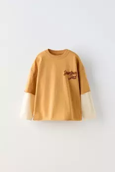 Футболка с двумя рукавами и лозунгом ZARA, цвет mustard